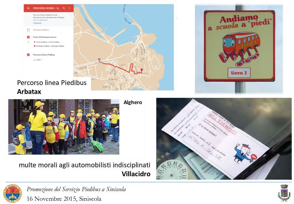 Un collage di immagini tratte dalla presentazione del progetto Piedibus